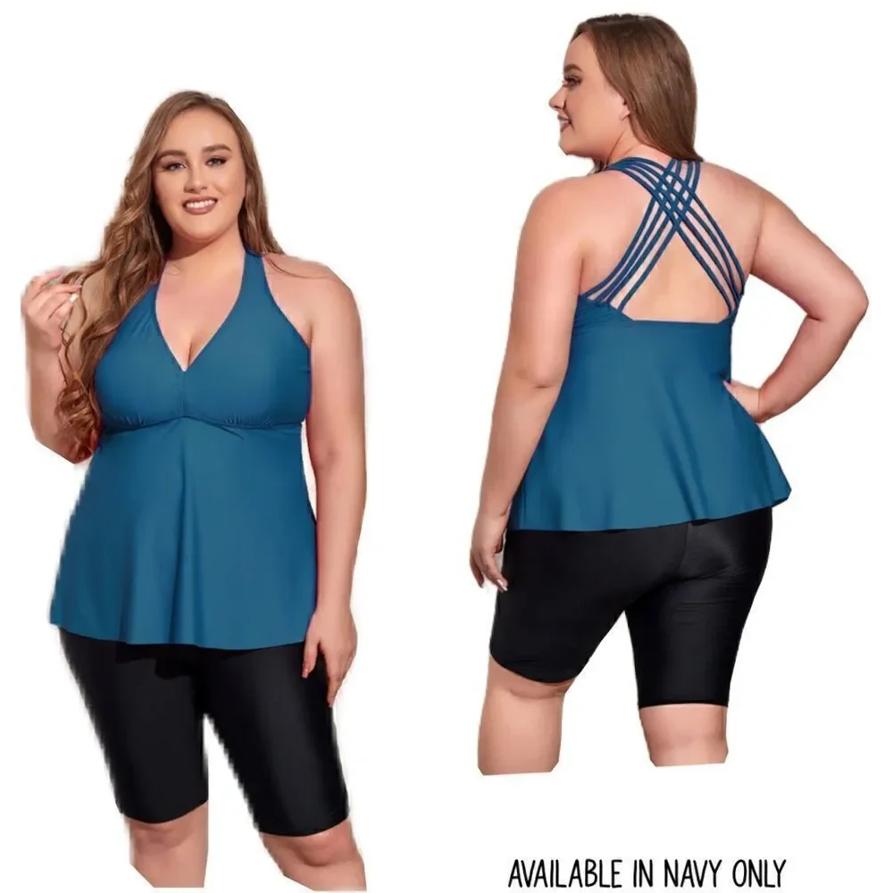 NWT Firpearl Plus Size Navy Bathing Suit for Women Flowy Tankini Top  sz…